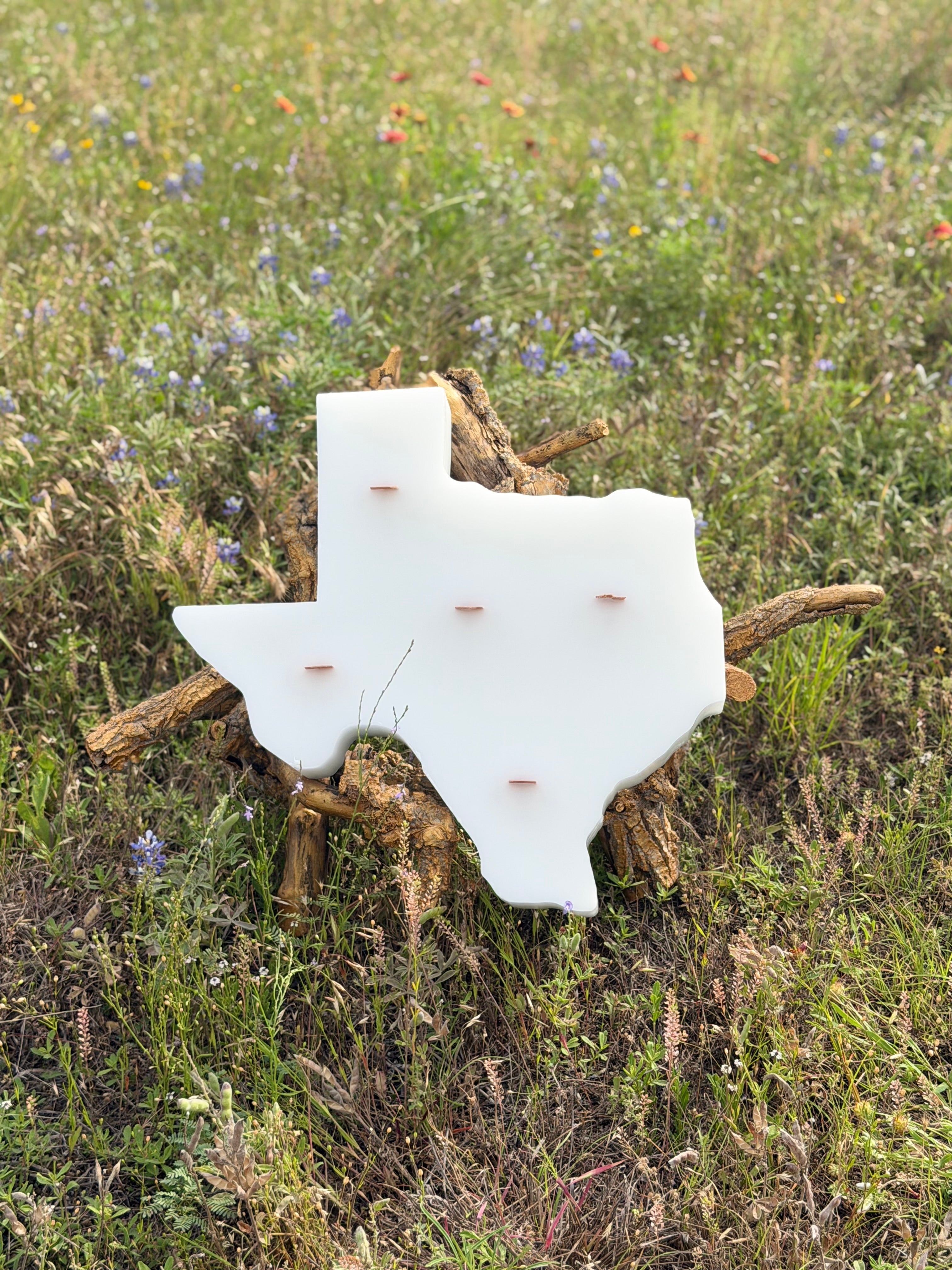 Handcrafted ivory white Texas silhouette paraffin pillar candle with five wood wicks displayed outdoors on natural wood and wild Texas greenery.