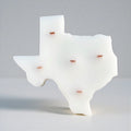 Handcrafted Texas silhouette paraffin candle with five wood wicks in ivory white.